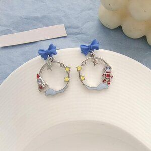 Rocket & Astronaut Star Space Blue Bow Circle Fashion Silver Cartoon Earrings